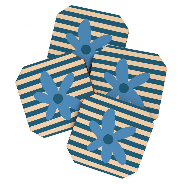 Joyful Flower and Stripes Pop Floral in Blue Coaster Gallery Image 1