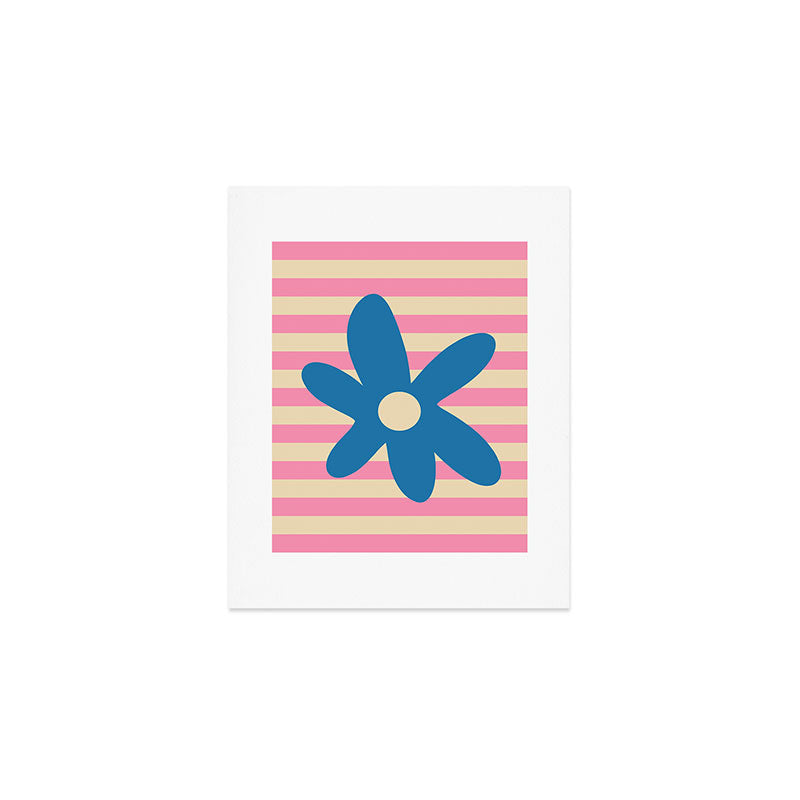 Joyful Flower and Stripes Pop Floral Pink and Blue Art Print Gallery Image 1