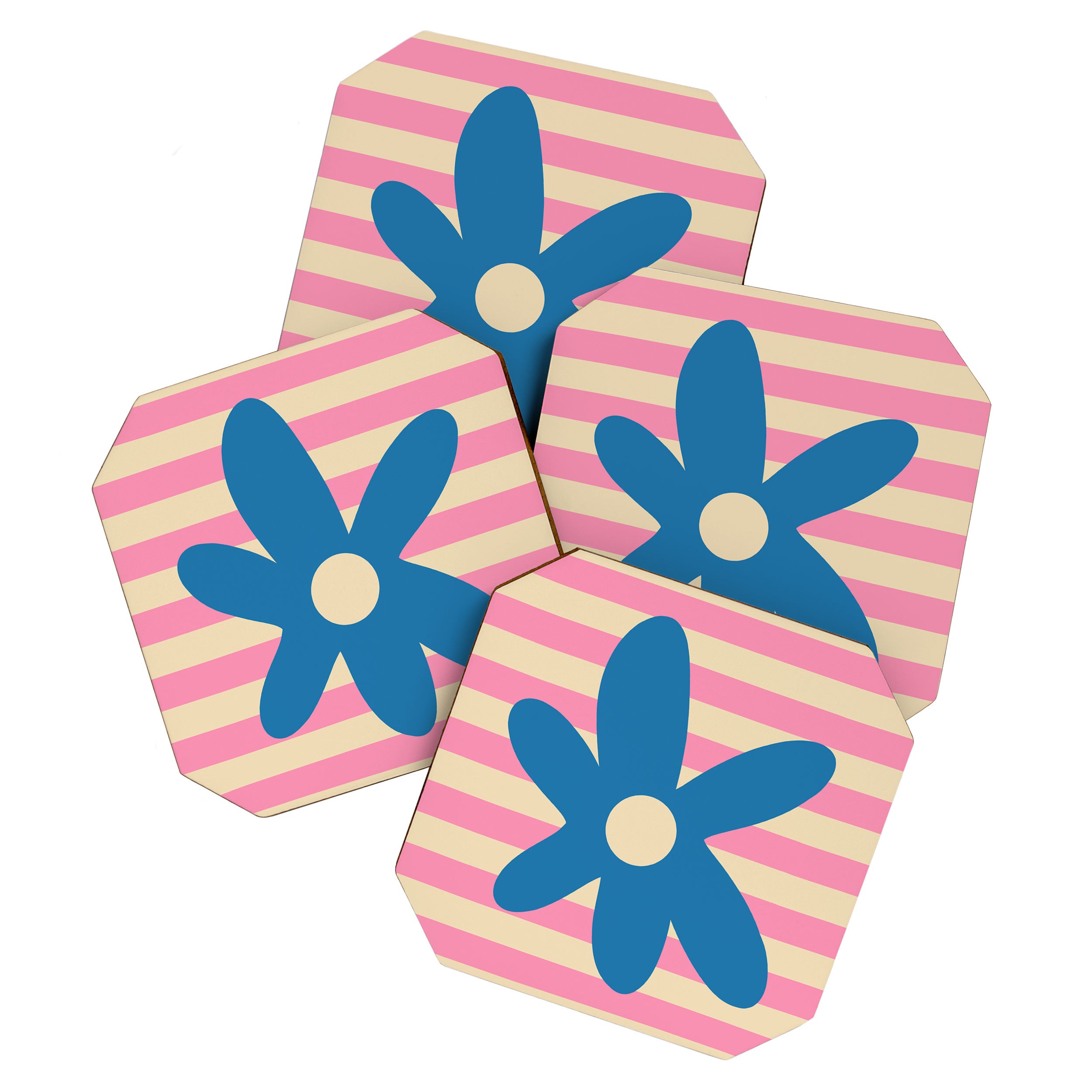 Joyful Flower and Stripes Pop Floral Pink and Blue Coaster Gallery Image 1