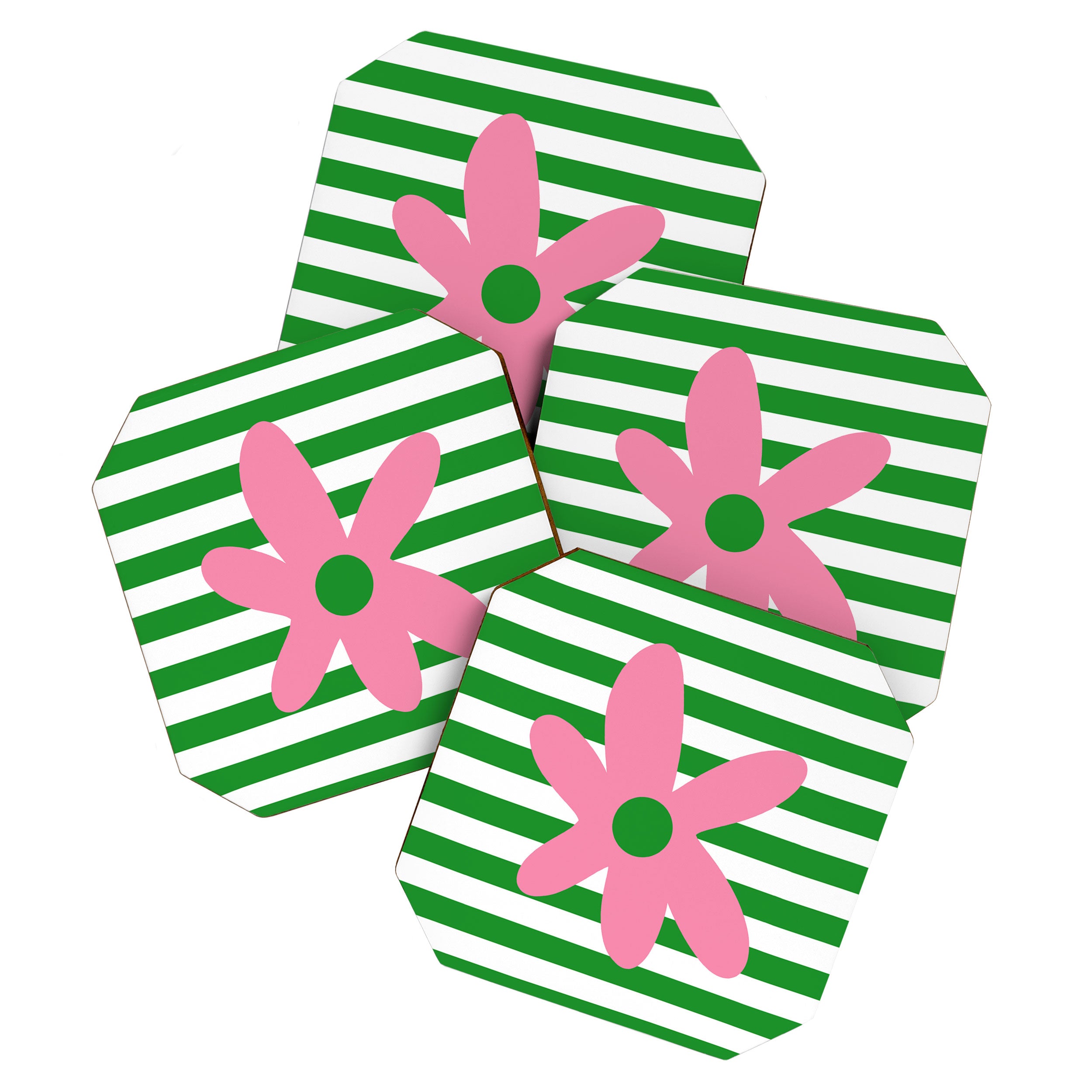 Joyful Flower and Stripes Pop Floral Pink Green White Coaster Gallery Image 1