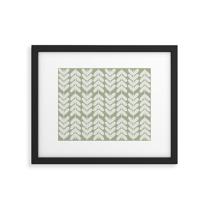 Leaves and Stems Chunky Knit Botanical Pattern in Pale Gray and Sage Green Framed Art Print Gallery Image 1