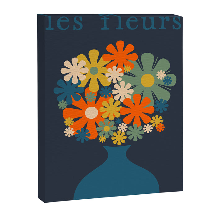 Les Fleurs Cheerful Retro Flowers in Vase Blue Canvas Print Gallery Image 1