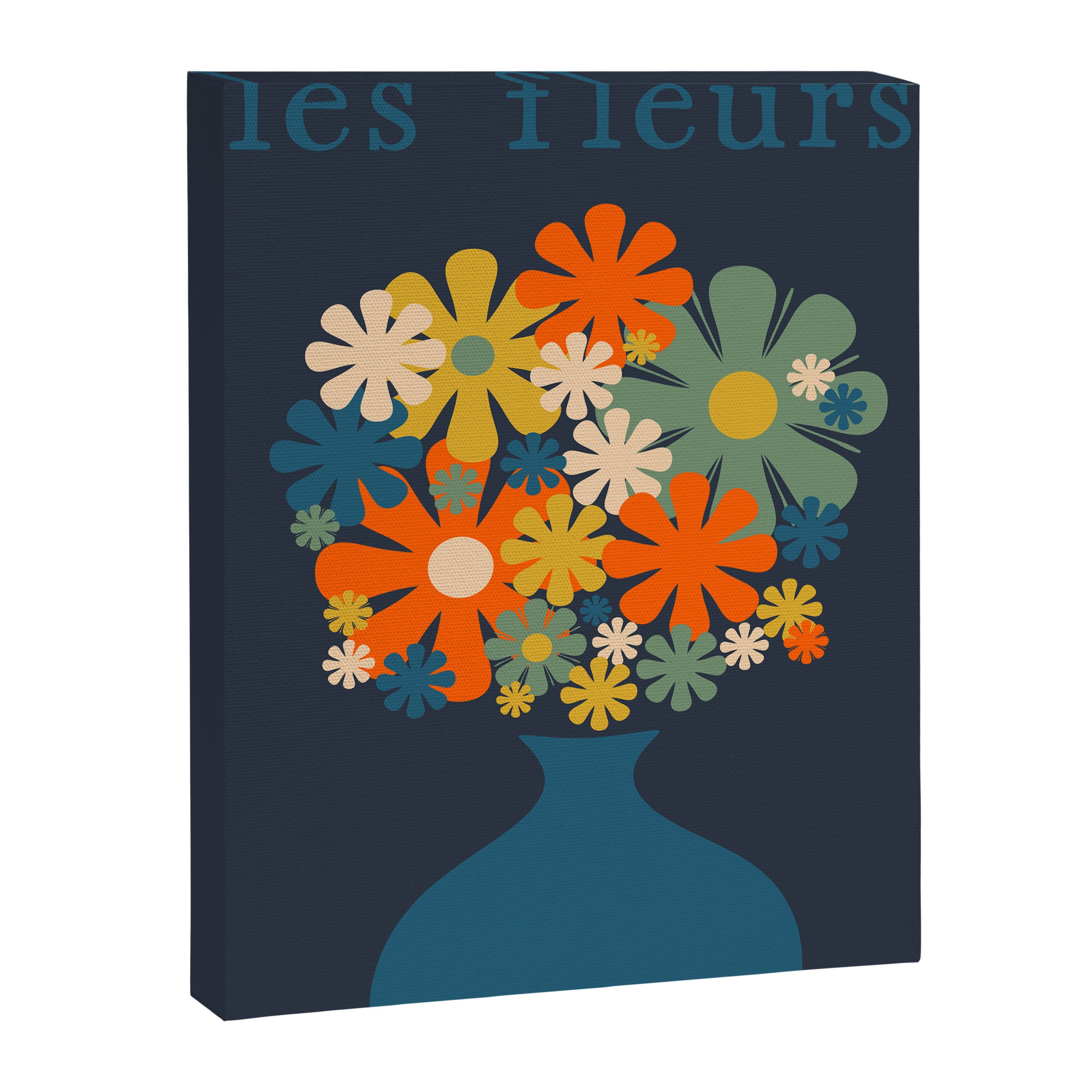 Les Fleurs Cheerful Retro Flowers in Vase Blue Canvas Print Gallery Image 8