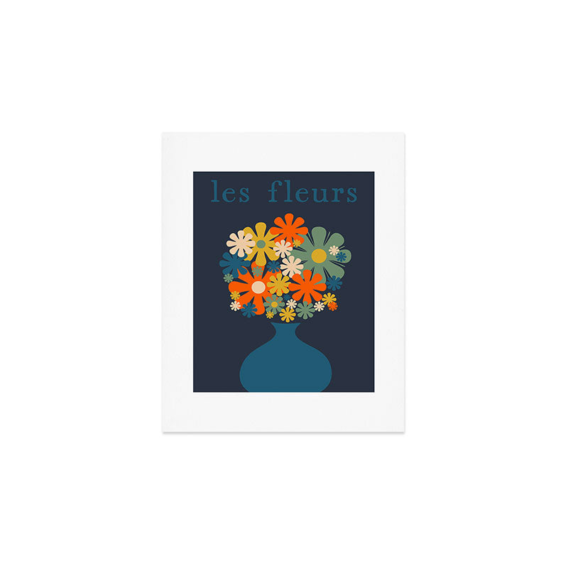 Les Fleurs Cheerful Retro Flowers in Vase Blue Art Print Gallery Image 1