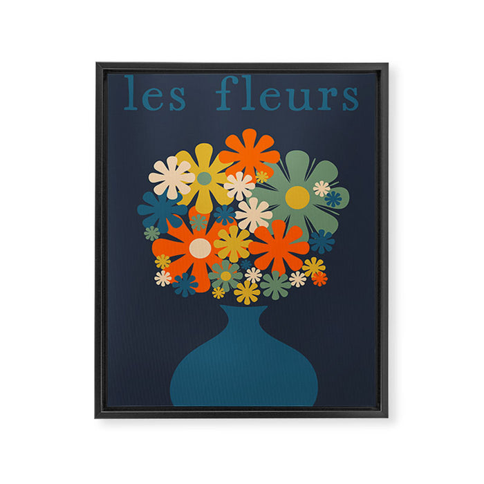 Les Fleurs Cheerful Retro Flowers in Vase Blue Framed Canvas Print Gallery Image 1