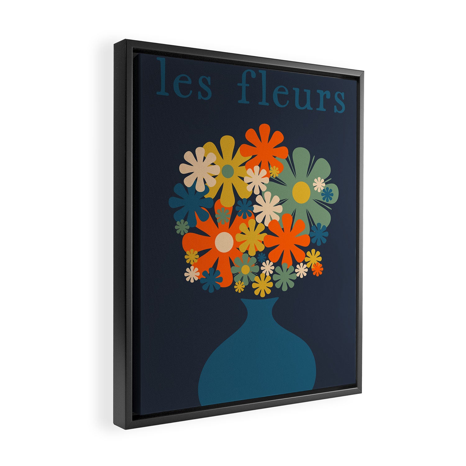 Les Fleurs Cheerful Retro Flowers in Vase Blue Framed Canvas Print Gallery Image 2