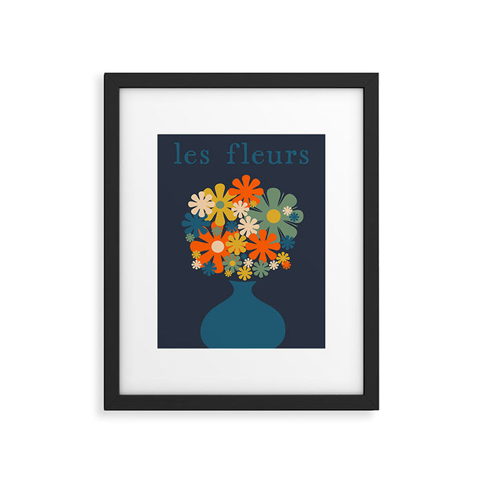 Les Fleurs Cheerful Retro Flowers in Vase Blue Framed Art Print Gallery Image 1