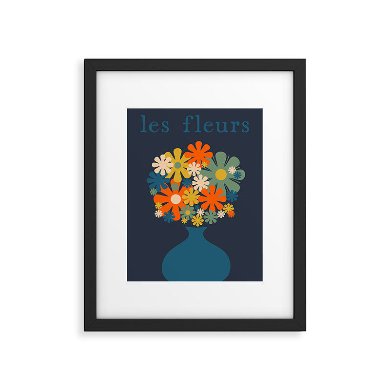 Les Fleurs Cheerful Retro Flowers in Vase Blue Framed Art Print Gallery Image 6