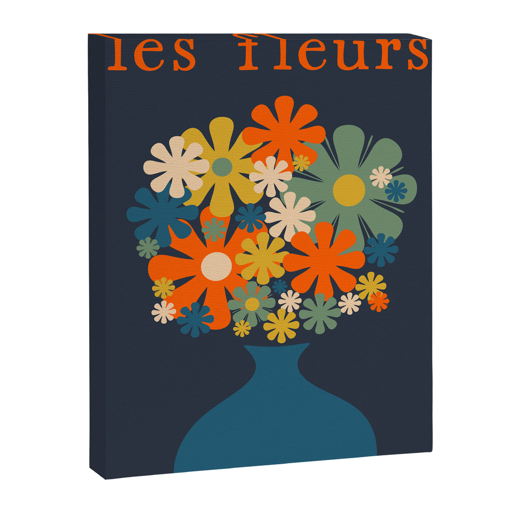 Les Fleurs Retro Flowers in Vase Blue Orange Canvas Print Gallery Image 6