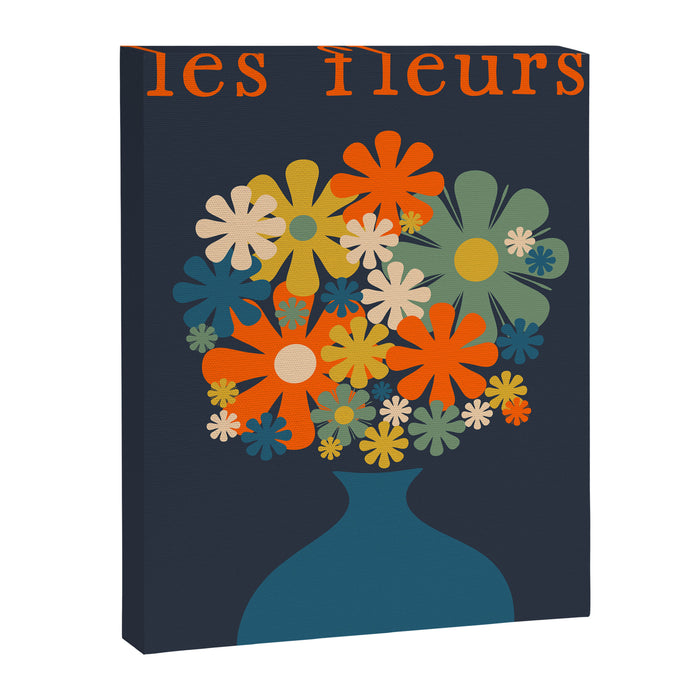 Les Fleurs Retro Flowers in Vase Blue Orange Canvas Print Gallery Image 1