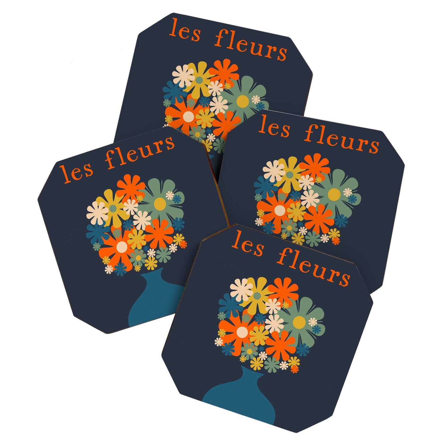 Les Fleurs Retro Flowers in Vase Blue Orange Coaster Gallery Image 1