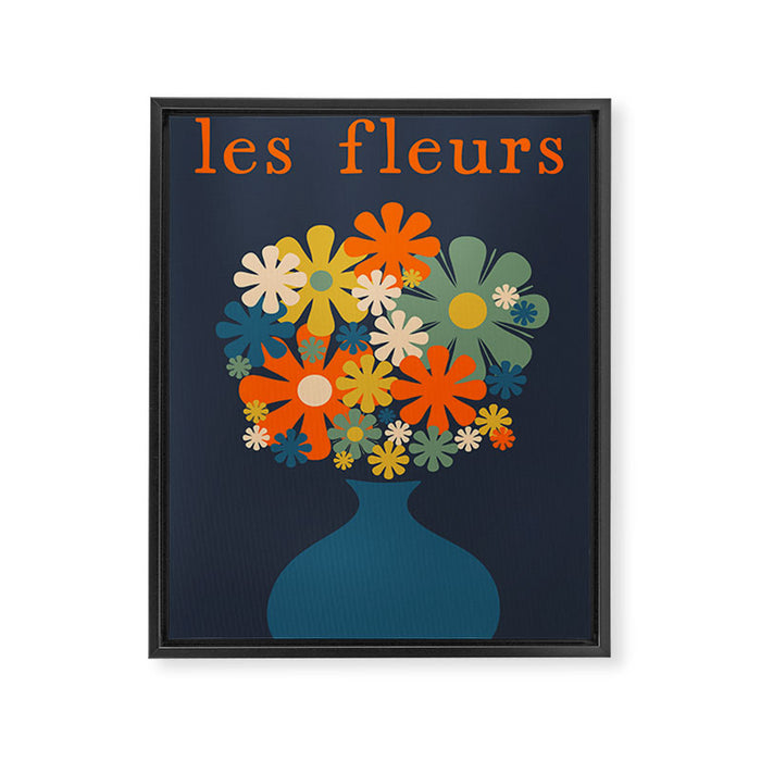 Les Fleurs Retro Flowers in Vase Blue Orange Framed Canvas Print Gallery Image 1
