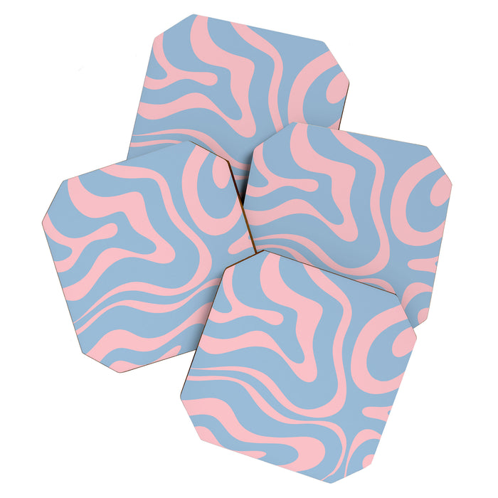Light Blue and Pink Modern Retro Liquid Swirl Abstract Pattern Coaster Gallery Image 1
