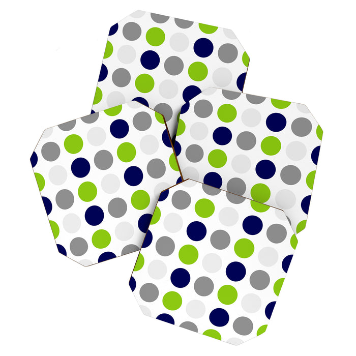 Lime Green, Bright Navy Blue, and Gray Multi Dots Minimalist Pattern on White Coaster Gallery Image 1