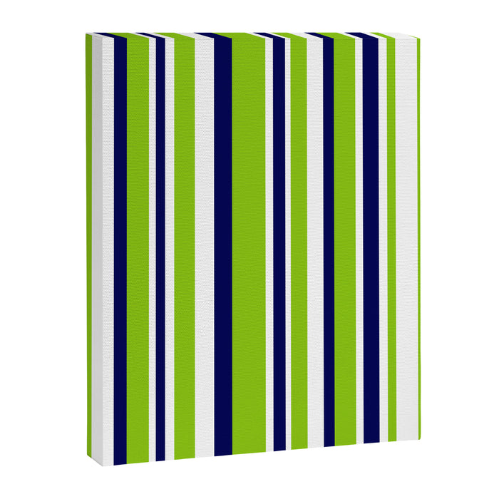 Lime Green Bright Navy Blue and White Vertical Stripes Pattern Canvas Print Gallery Image 1