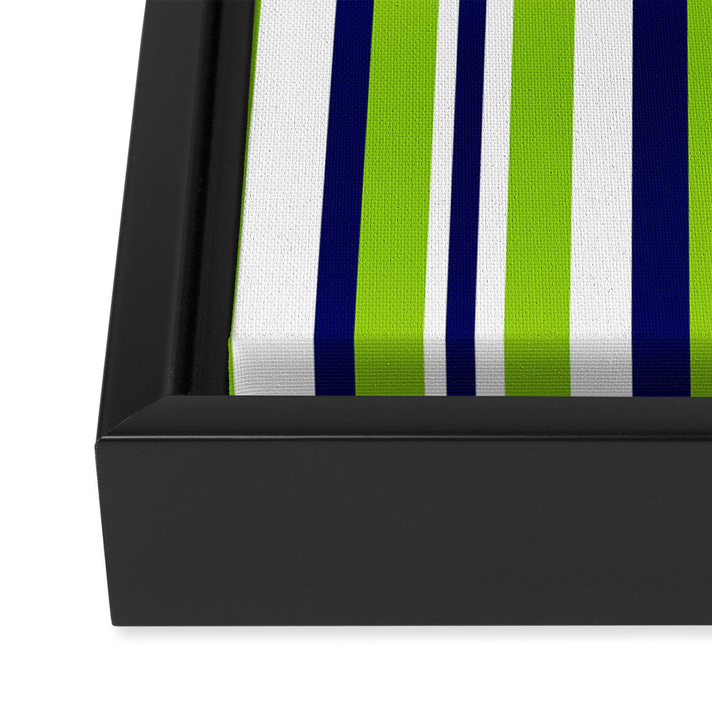 Lime Green Bright Navy Blue and White Vertical Stripes Pattern Framed Canvas Print Gallery Image 3