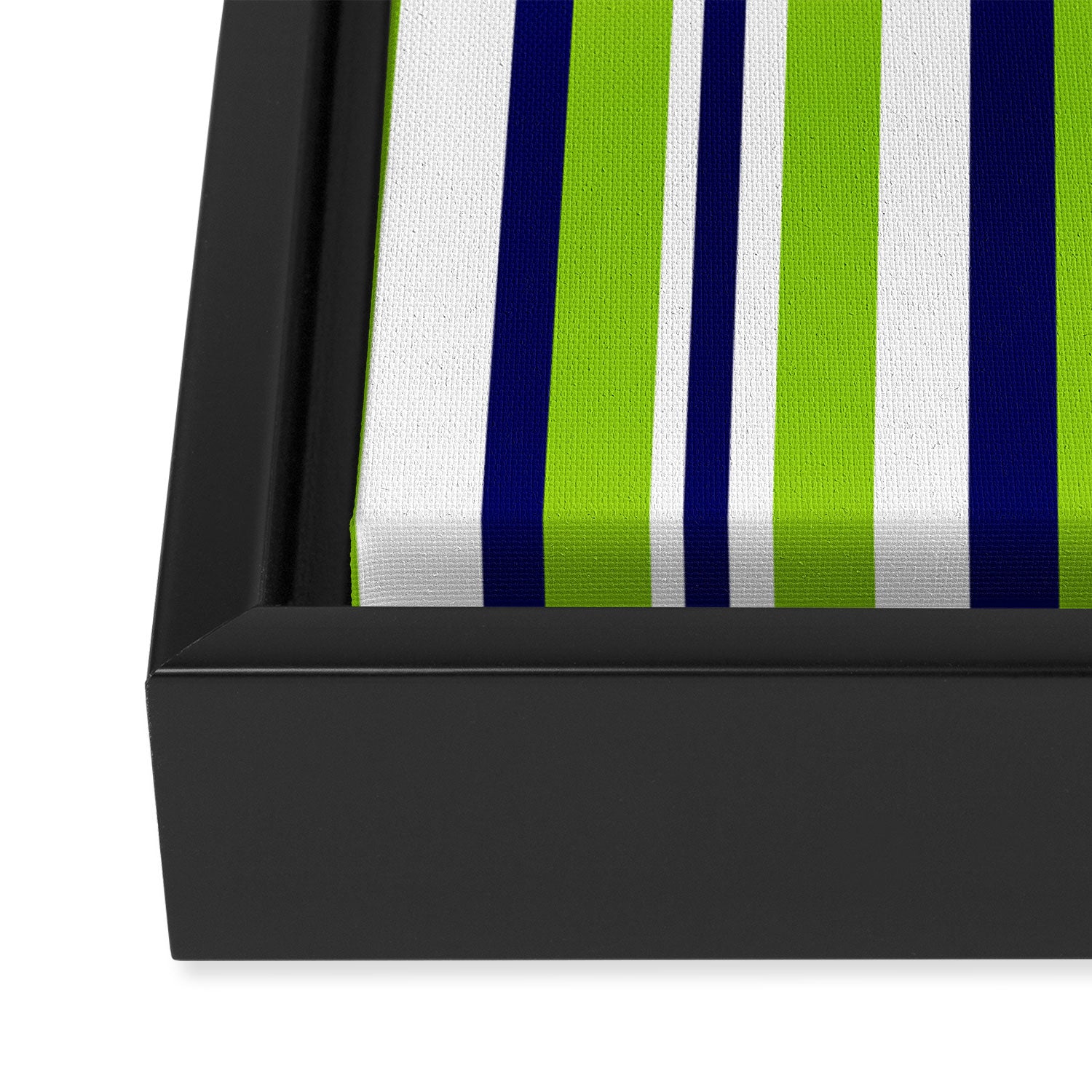 Lime Green Bright Navy Blue and White Vertical Stripes Pattern Framed Canvas Print Gallery Image 3