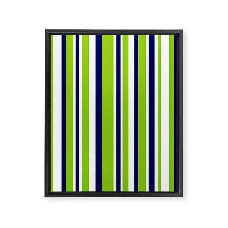 Lime Green Bright Navy Blue and White Vertical Stripes Pattern Framed Canvas Print Gallery Image 8