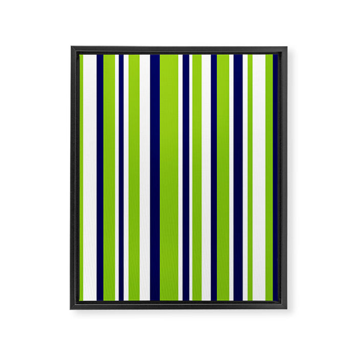 Lime Green Bright Navy Blue and White Vertical Stripes Pattern Framed Canvas Print Gallery Image 1