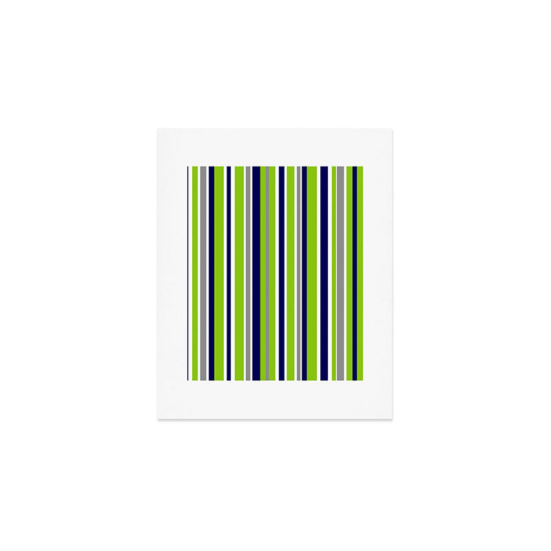 Lime Green Bright Navy Blue Gray and White Vertical Stripes Pattern Art Print Gallery Image 1