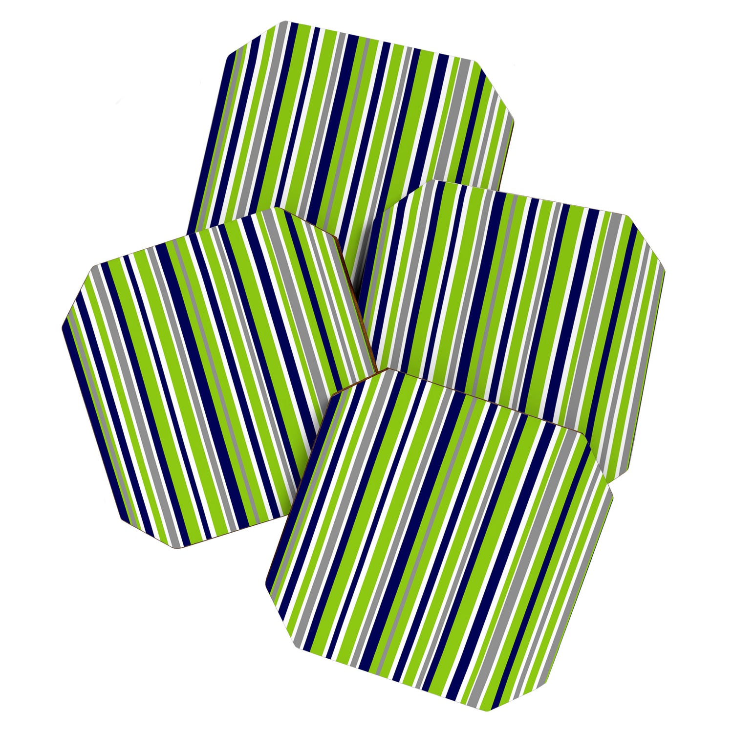 Lime Green Bright Navy Blue Gray and White Vertical Stripes Pattern Coaster Gallery Image 1