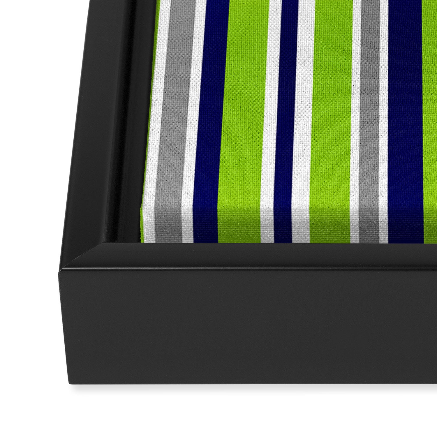 Lime Green Bright Navy Blue Gray and White Vertical Stripes Pattern Framed Canvas Print Gallery Image 3