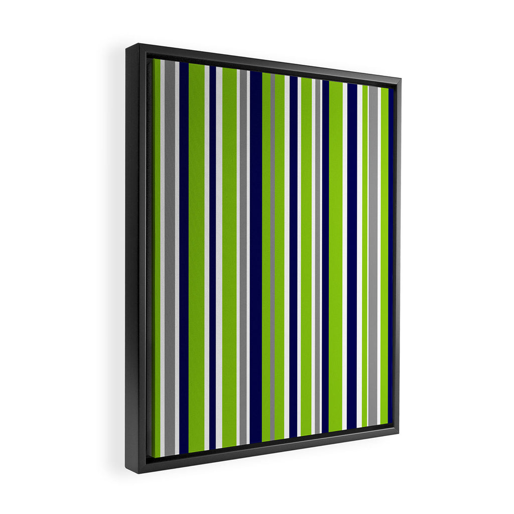 Lime Green Bright Navy Blue Gray and White Vertical Stripes Pattern Framed Canvas Print Gallery Image 2