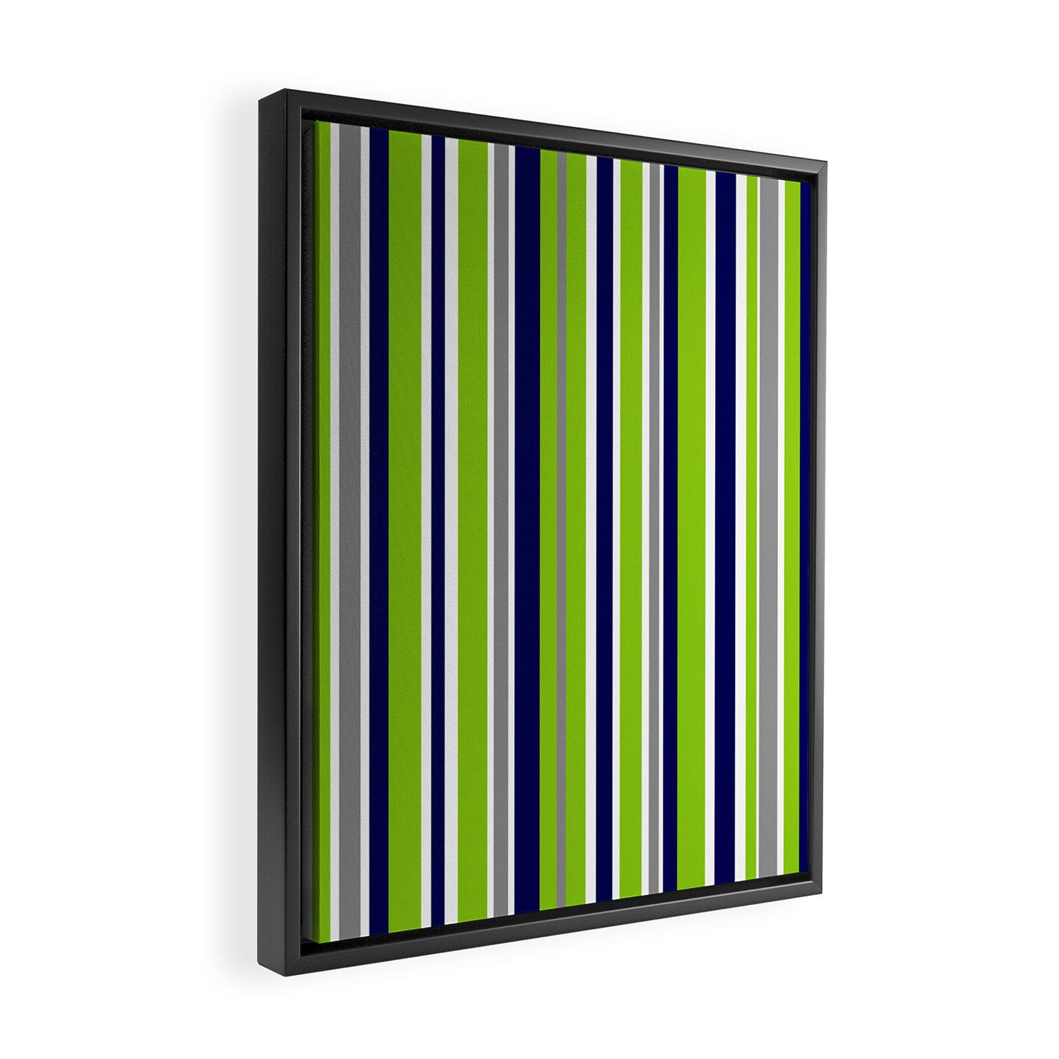 Lime Green Bright Navy Blue Gray and White Vertical Stripes Pattern Framed Canvas Print Gallery Image 2