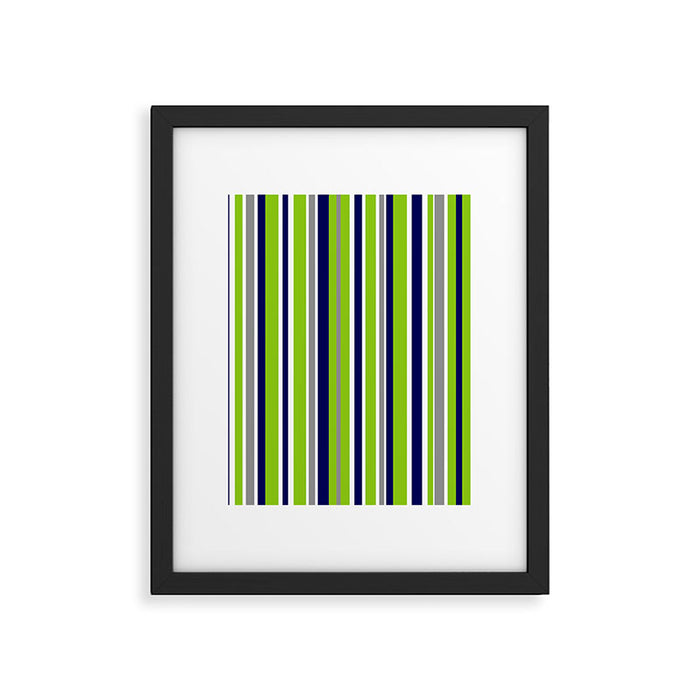 Lime Green Bright Navy Blue Gray and White Vertical Stripes Pattern Framed Art Print Gallery Image 1