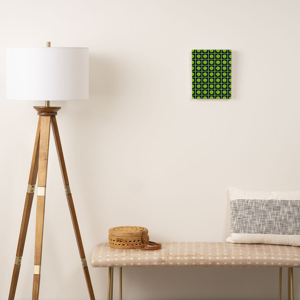 Lime Green Dot Grid Retro Modern Pop Pattern on Navy Blue Canvas Print Gallery Image 2