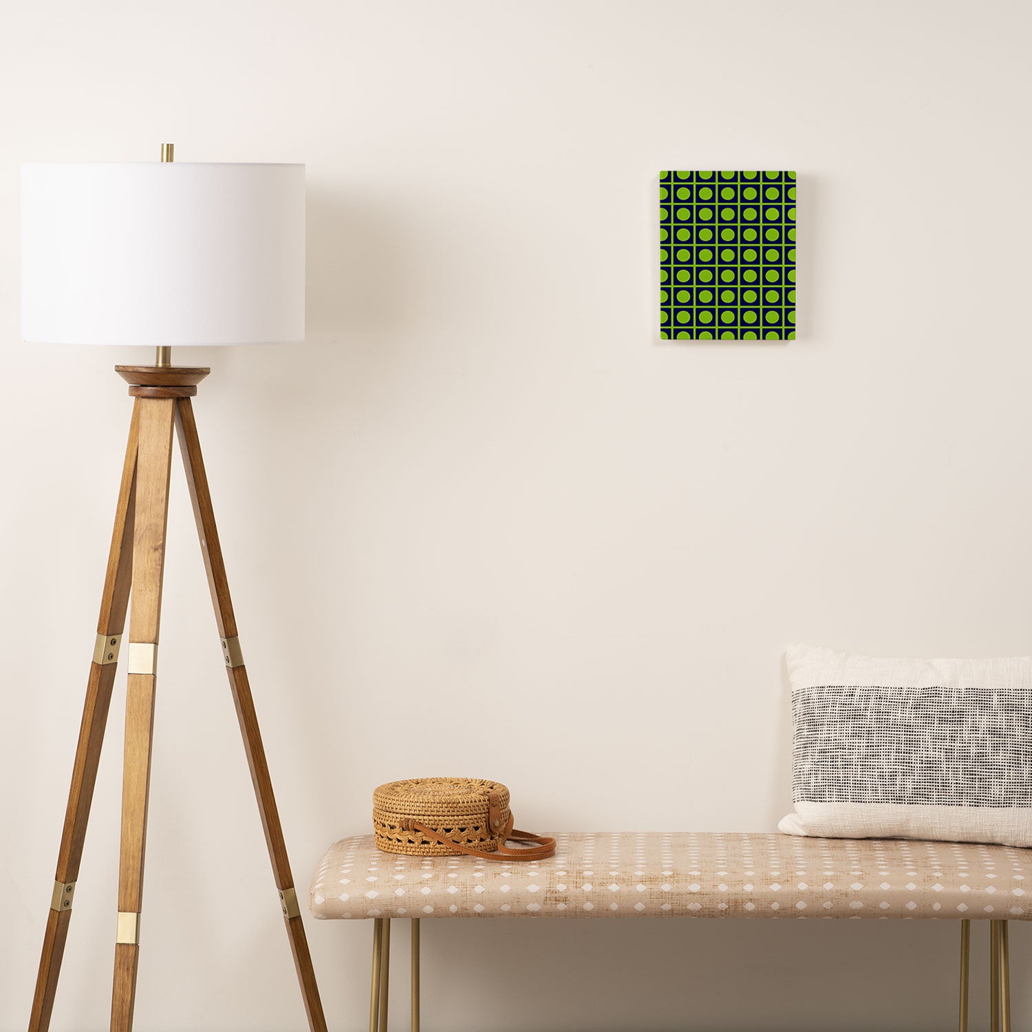 Lime Green Dot Grid Retro Modern Pop Pattern on Navy Blue Canvas Print Gallery Image 2