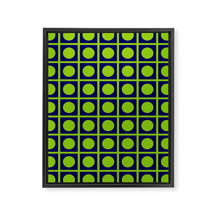 Lime Green Dot Grid Retro Modern Pop Pattern on Navy Blue Framed Canvas Print Gallery Image 1