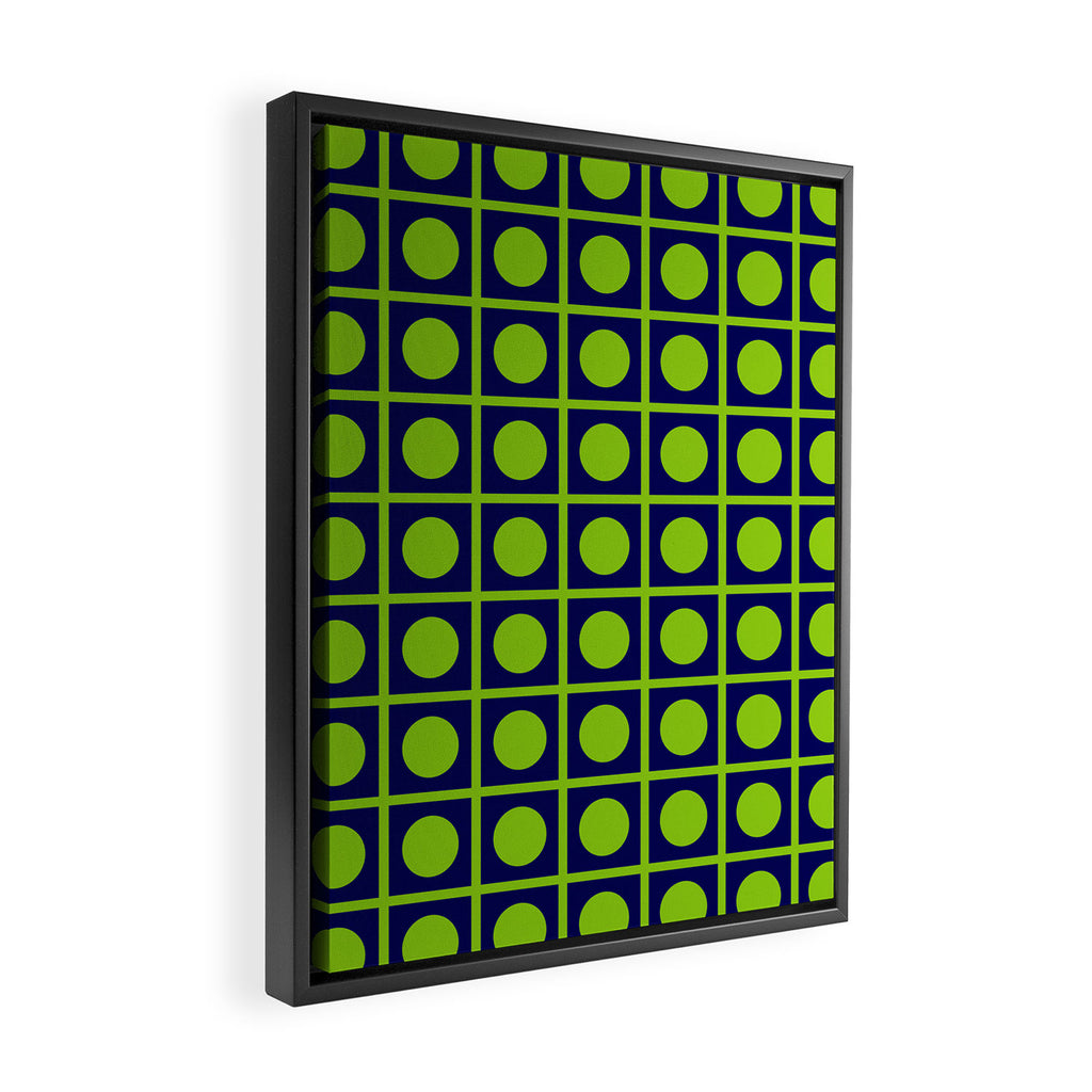 Lime Green Dot Grid Retro Modern Pop Pattern on Navy Blue Framed Canvas Print Gallery Image 2