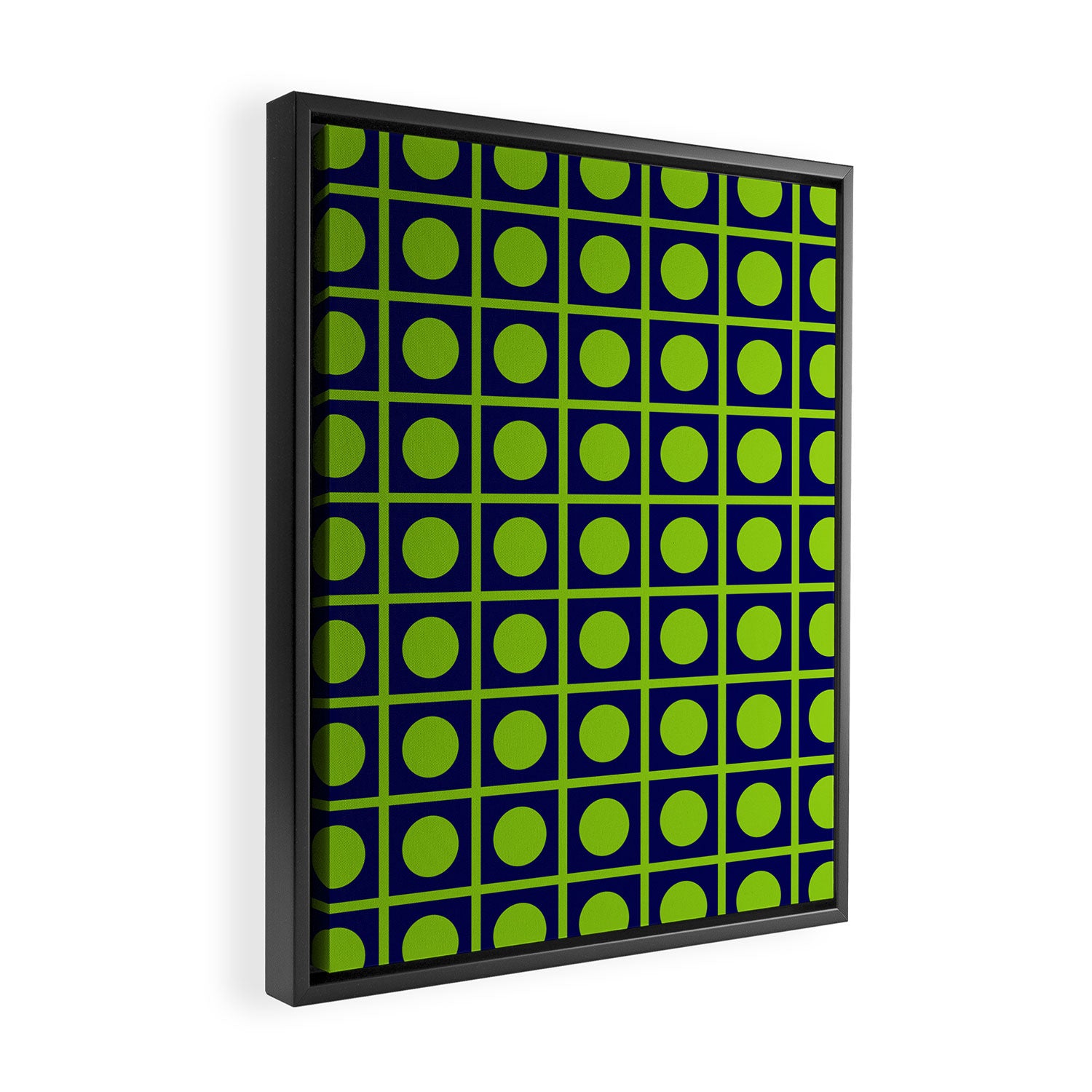 Lime Green Dot Grid Retro Modern Pop Pattern on Navy Blue Framed Canvas Print Gallery Image 2