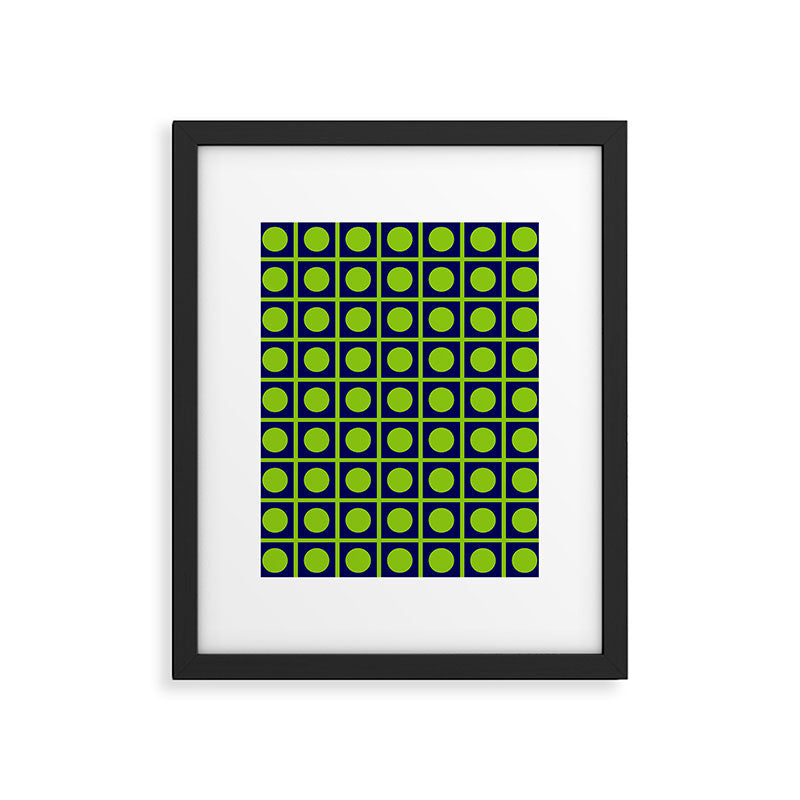 Lime Green Dot Grid Retro Modern Pop Pattern on Navy Blue Framed Art Print Gallery Image 6