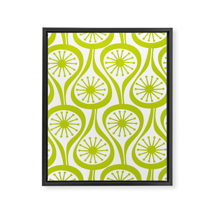 Lime Green Mid Century Modern Atomic Drops Retro Pattern on White Framed Canvas Print Gallery Image 1