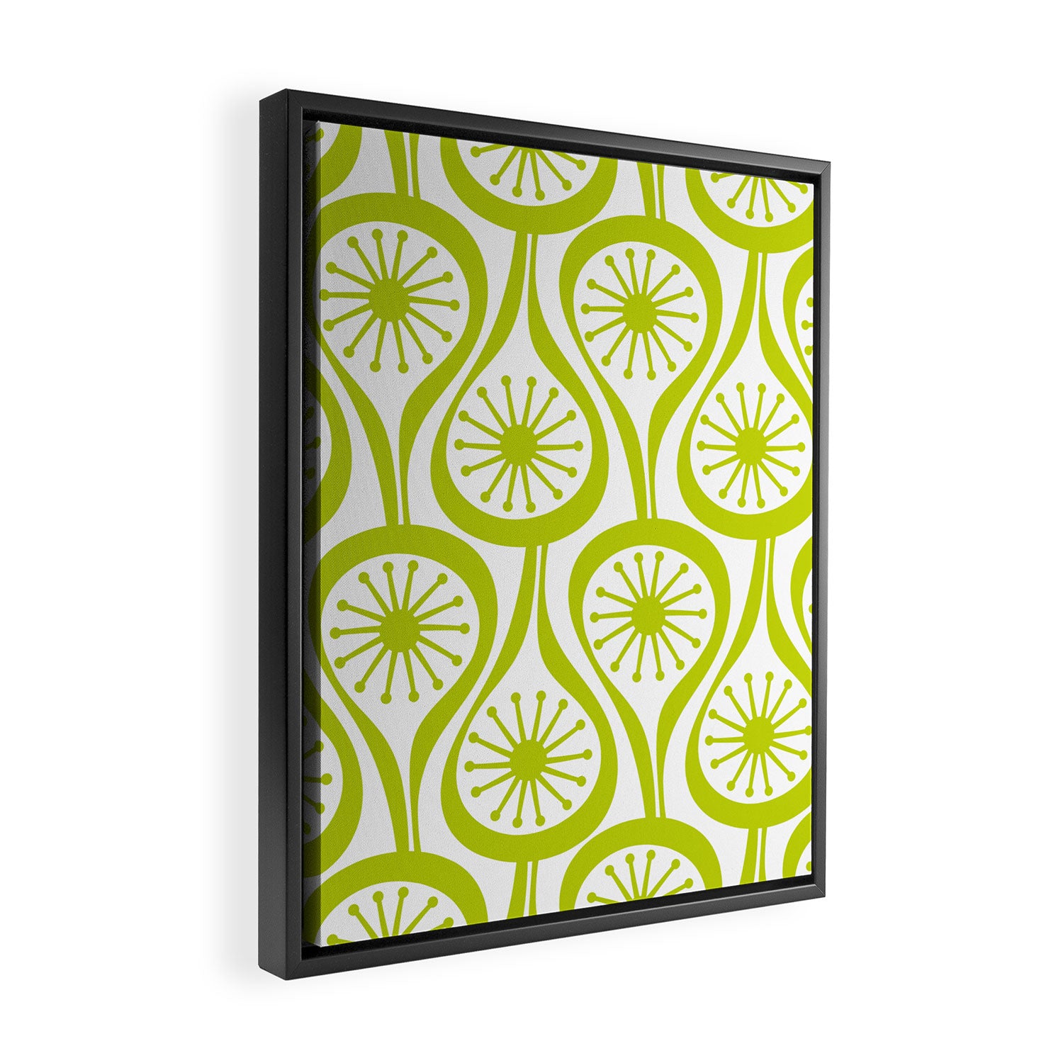 Lime Green Mid Century Modern Atomic Drops Retro Pattern on White Framed Canvas Print Gallery Image 2