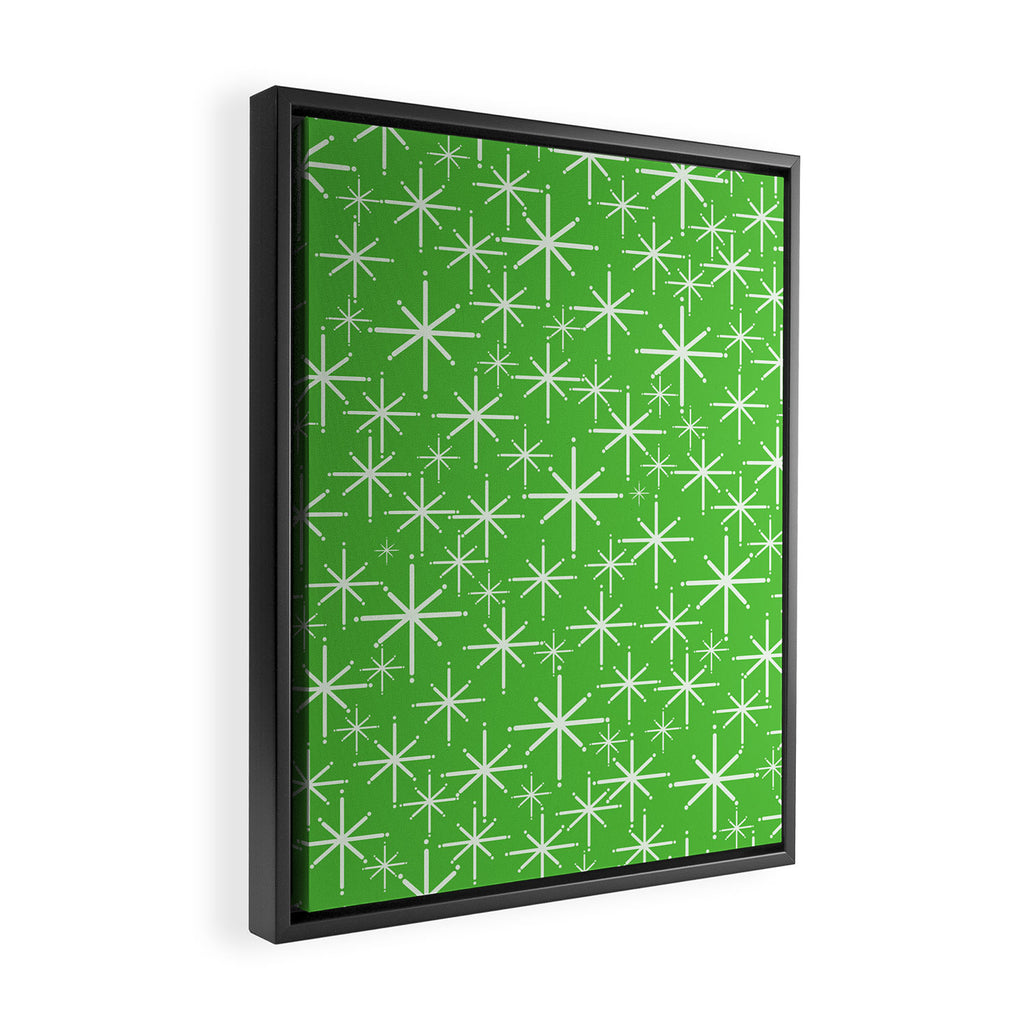 Lime Green Mid Century Modern Twinkling Stars Retro Atomic Pattern Framed Canvas Print Gallery Image 2