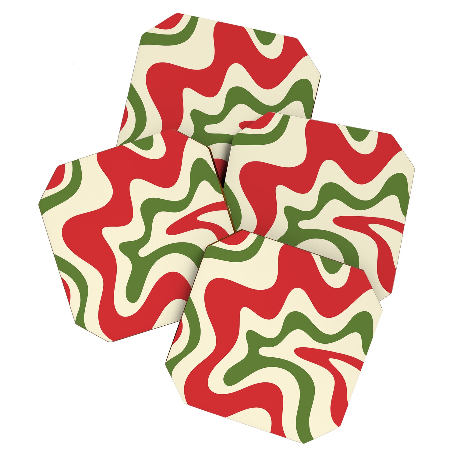 Liquid Swirl Abstract Christmas Pattern Square in Retro Red Green Cream  Coaster Gallery Image 1
