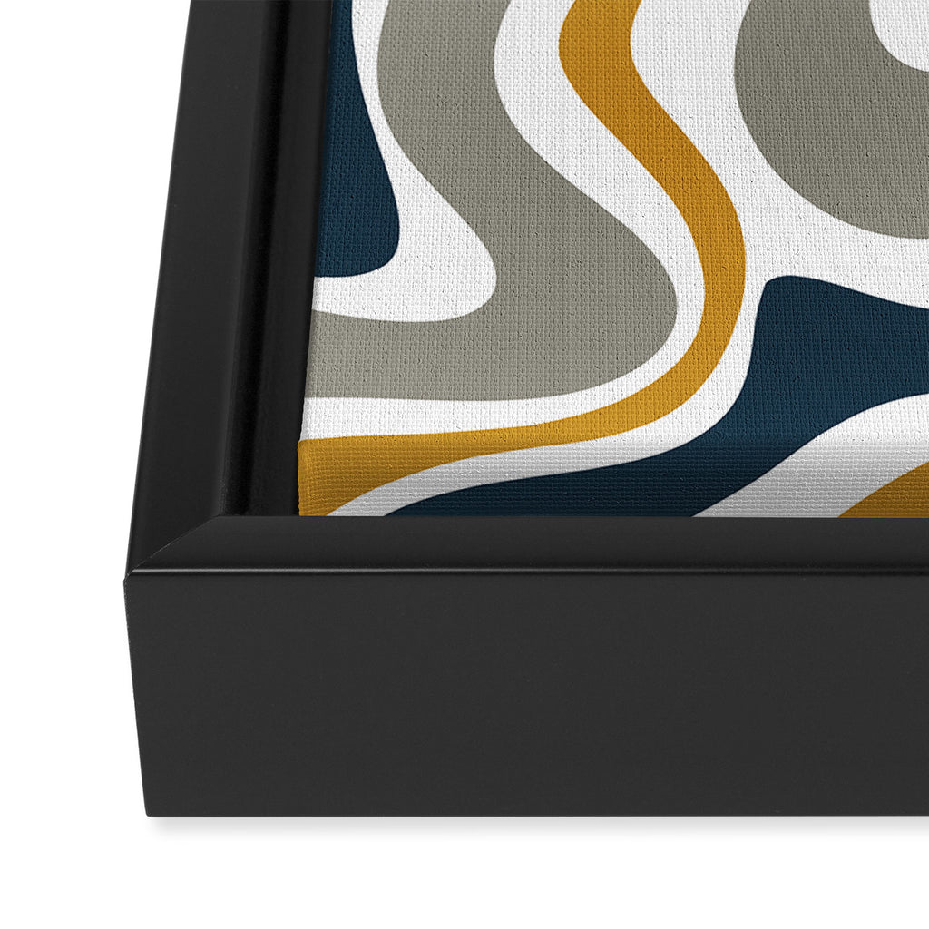 Liquid Swirl Abstract Pattern in Mustard, Navy, Gray, and White Framed Canvas Print Gallery Image 3