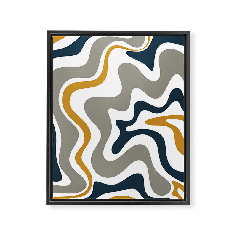 Liquid Swirl Abstract Pattern in Mustard, Navy, Gray, and White Framed Canvas Print Gallery Image 6