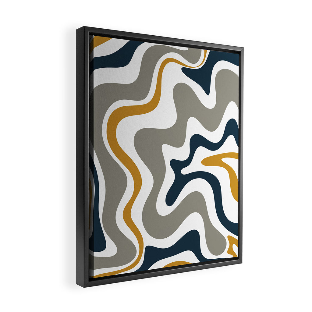 Liquid Swirl Abstract Pattern in Mustard, Navy, Gray, and White Framed Canvas Print Gallery Image 2