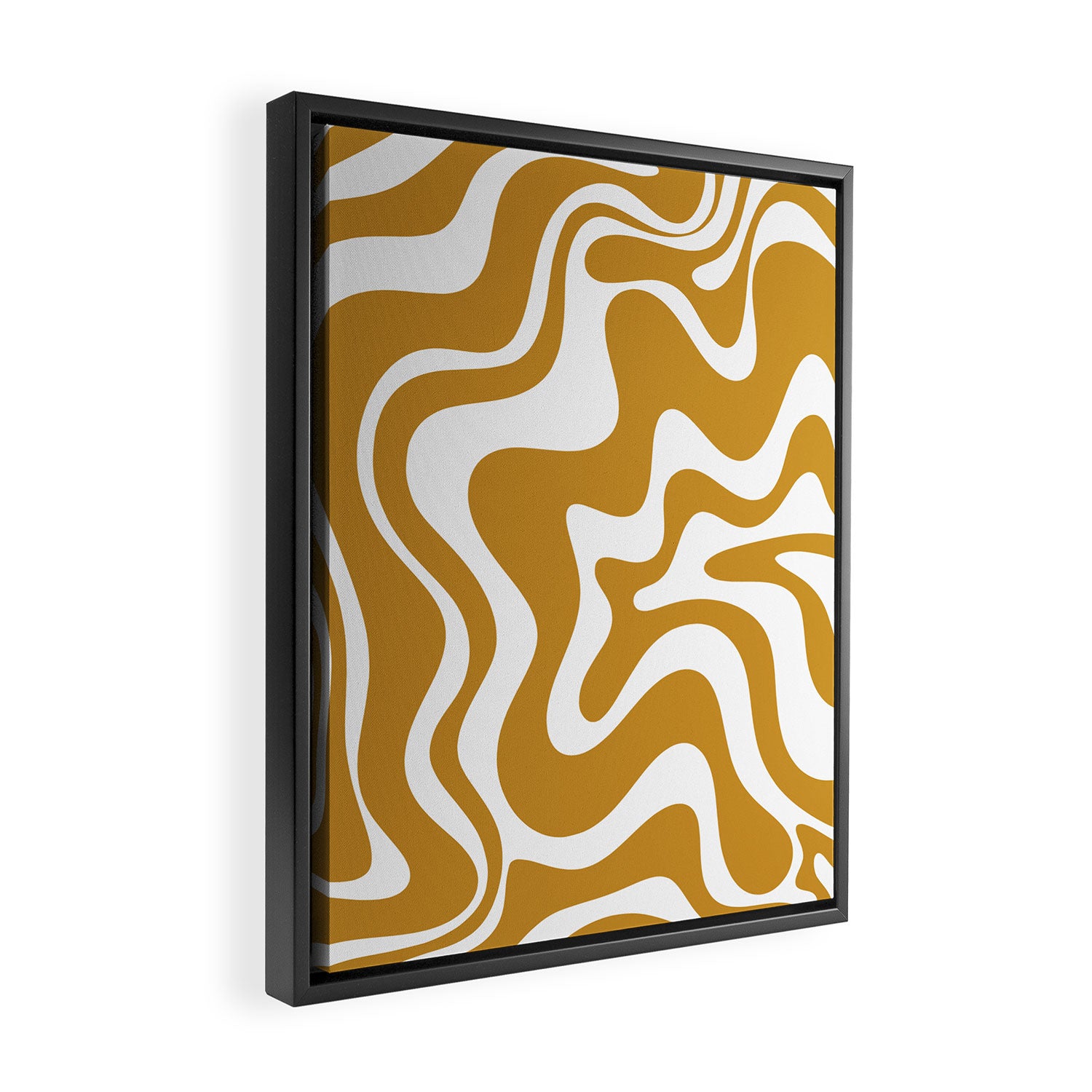Liquid Swirl Abstract Pattern in Dark Mustard and White Framed Canvas Print Gallery Image 2