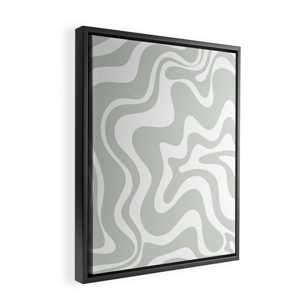 Liquid Swirl Abstract Pattern in Light Sage Gray and White Framed Canvas Print Gallery Image 2