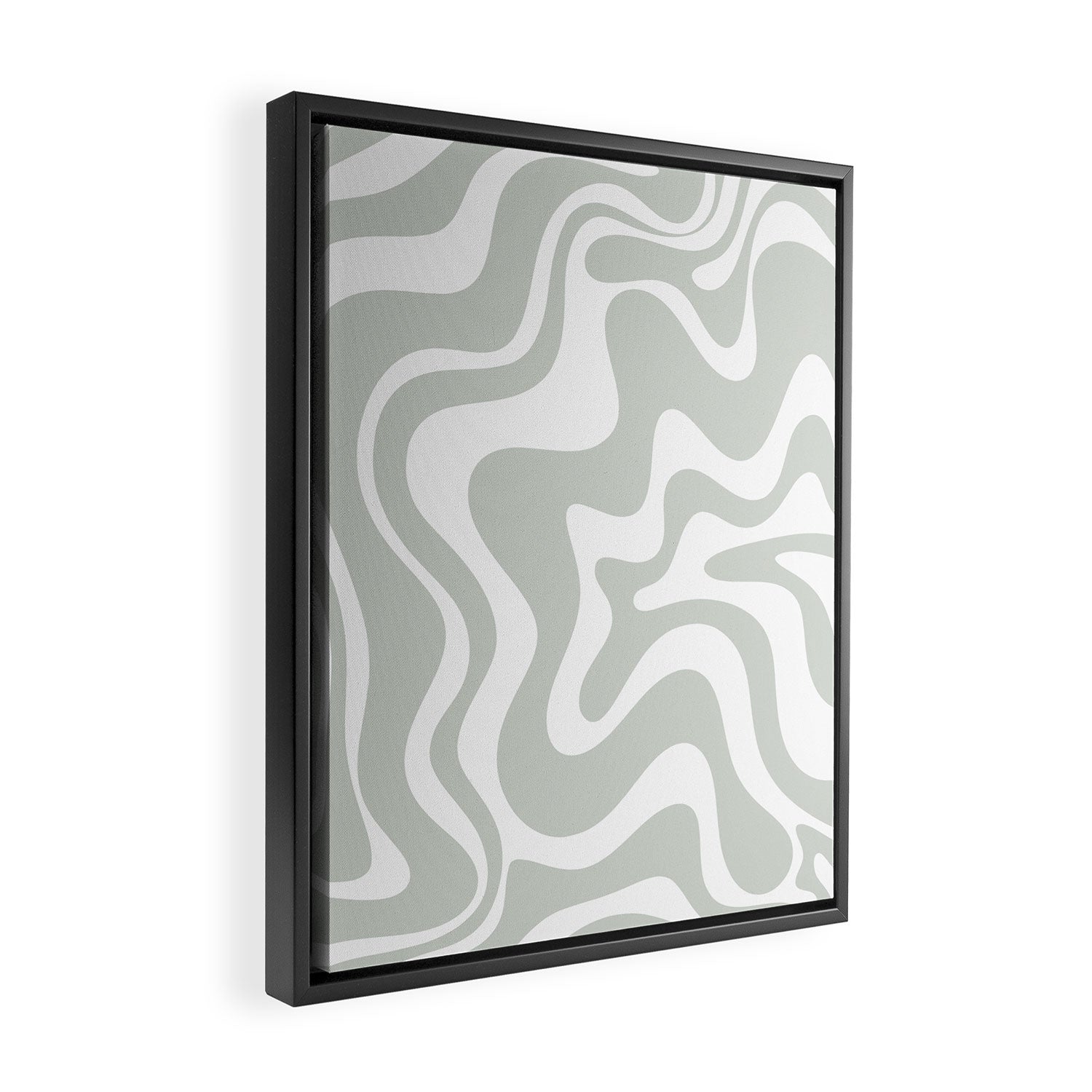 Liquid Swirl Abstract Pattern in Light Sage Gray and White Framed Canvas Print Gallery Image 2