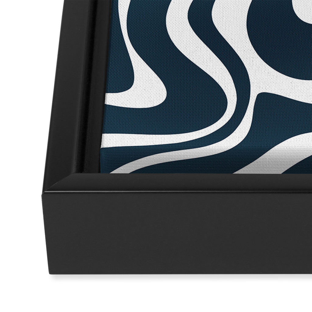 Liquid Swirl Abstract Pattern in Navy Blue and White Framed Canvas Print Gallery Image 3