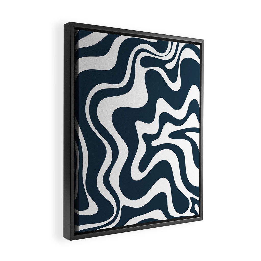 Liquid Swirl Abstract Pattern in Navy Blue and White Framed Canvas Print Gallery Image 2
