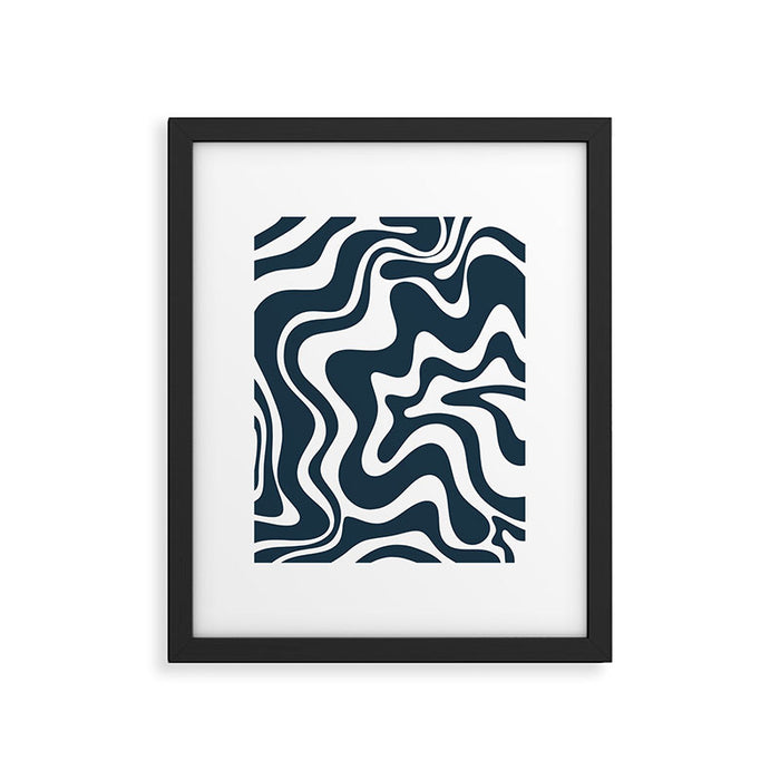 Liquid Swirl Abstract Pattern in Navy Blue and White Framed Art Print Gallery Image 1