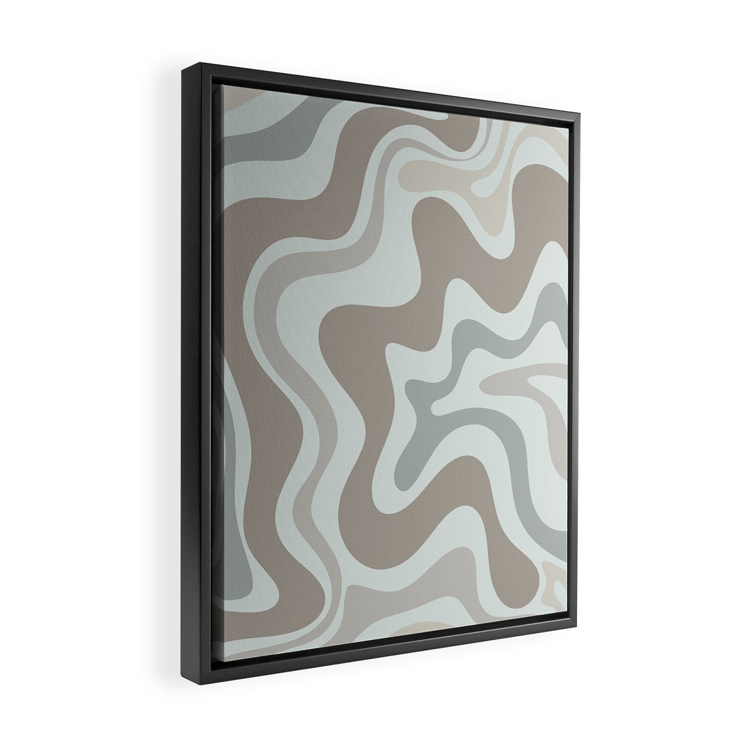 Liquid Swirl Abstract Pattern in Taupe Gray and Light Ice Blue Framed Canvas Print Gallery Image 2