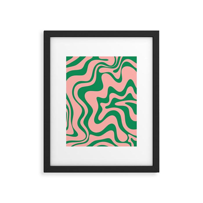 Liquid Swirl Abstract Retro Pattern in Blush Pink and Bright Green  Framed Art Print Gallery Image 1